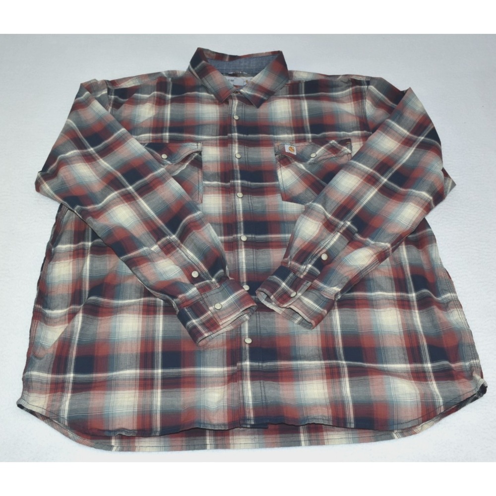 Carhartt Relaxed Fit Men's Shirt Size XL Red/Navy Pearl Snap Plaid Long Sleeve